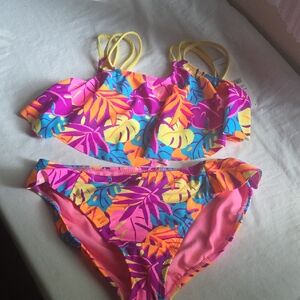 Catalina Kids Bikini Set in Pink and Blue Leaf Print